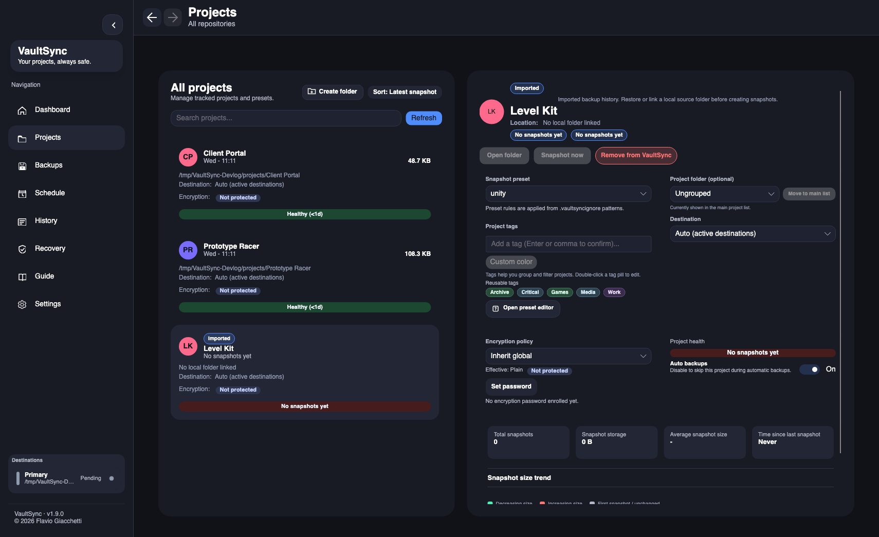 Actual development Projects view showing the synthetic Level Kit project marked Imported, with no linked local folder.