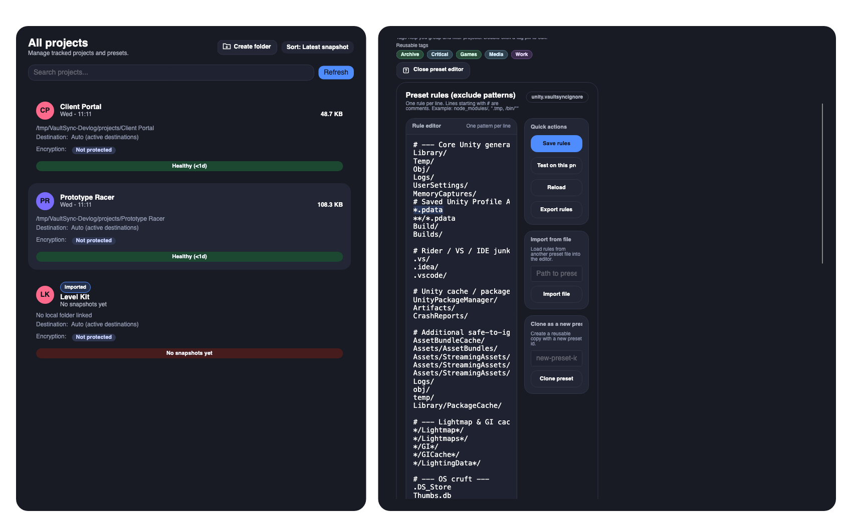 Actual Unity preset editor showing the corrected rules for excluding saved .pdata profiler captures.